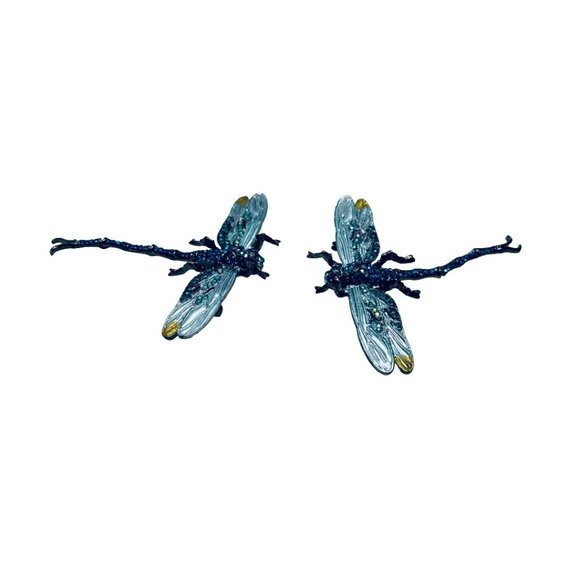 Dragonfly Brooches Pendants Articulated Tail Gunmetal Tone Blue/AB Rhinestones - Picture 6 of 13